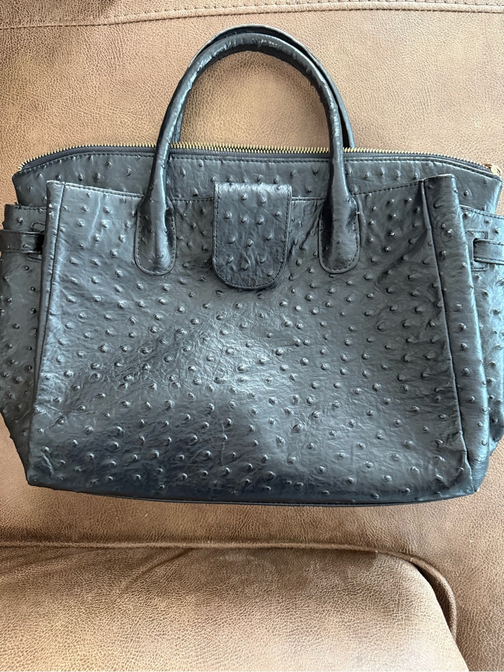 Muska‎ Milano Genuine Leather Ostrich Embossed Satchel Tote Black Handbag